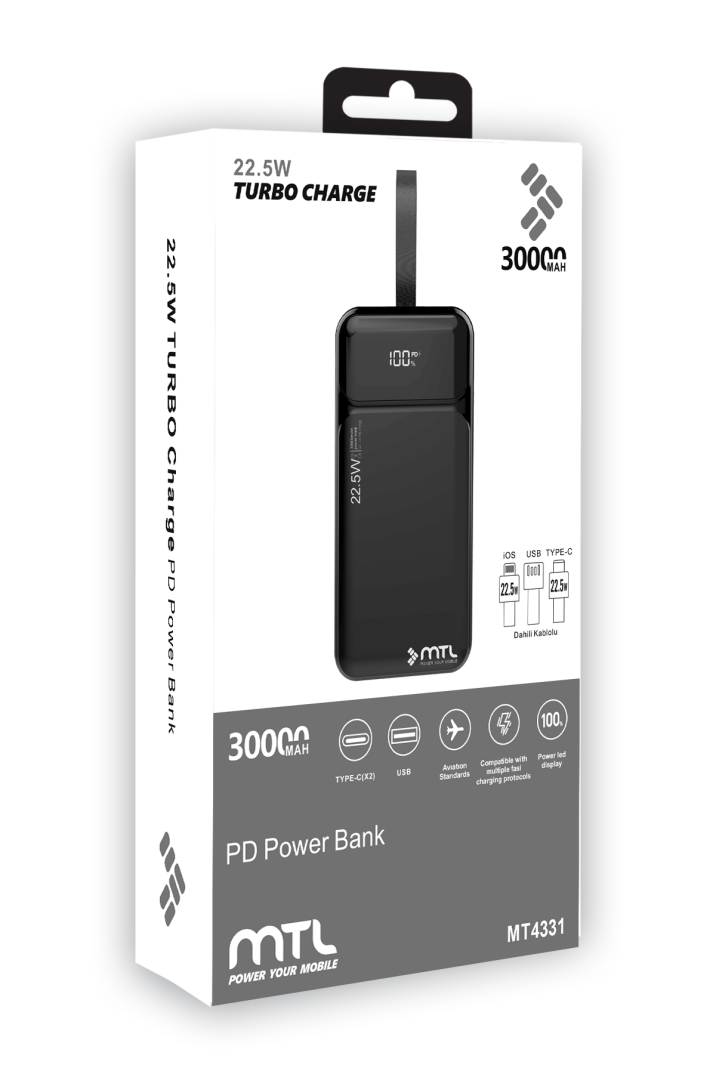 30000 mAh 22.5W Turbo Şarj Dahili Kablolu Dijital LED Göstergeli PD ve QC 3.0 Powerbank MT4331 - 7