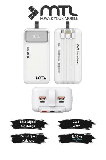 30000 mAh 22.5W Turbo Şarj Dahili Kablolu Dijital LED Göstergeli PD ve QC 3.0 Powerbank MT4331 Beyaz