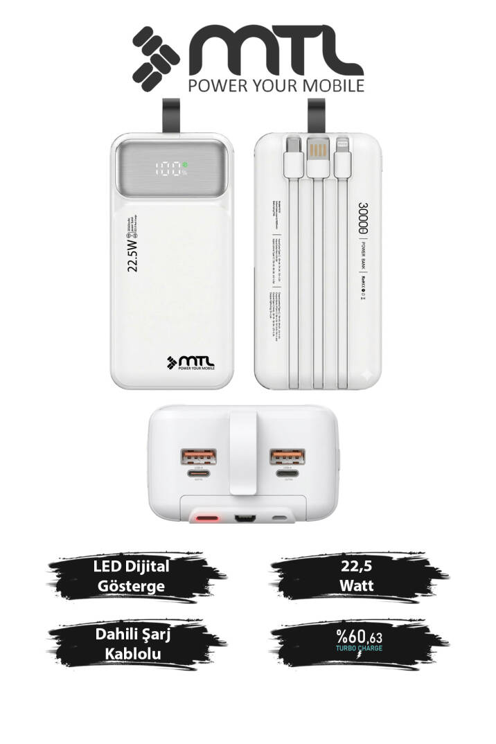 30000 mAh 22.5W Turbo Şarj Dahili Kablolu Dijital LED Göstergeli PD ve QC 3.0 Powerbank MT4331 - 8