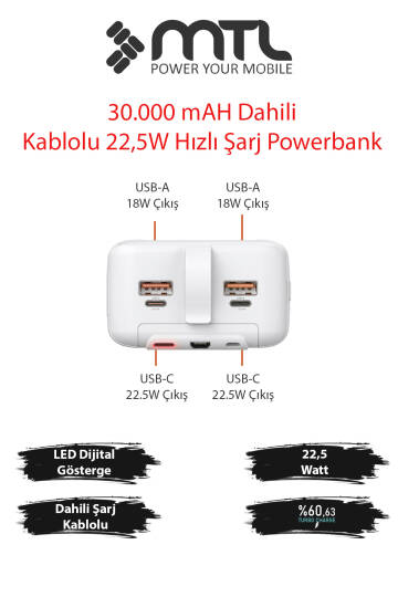 30000 mAh 22.5W Turbo Şarj Dahili Kablolu Dijital LED Göstergeli PD ve QC 3.0 Powerbank MT4331 - 9