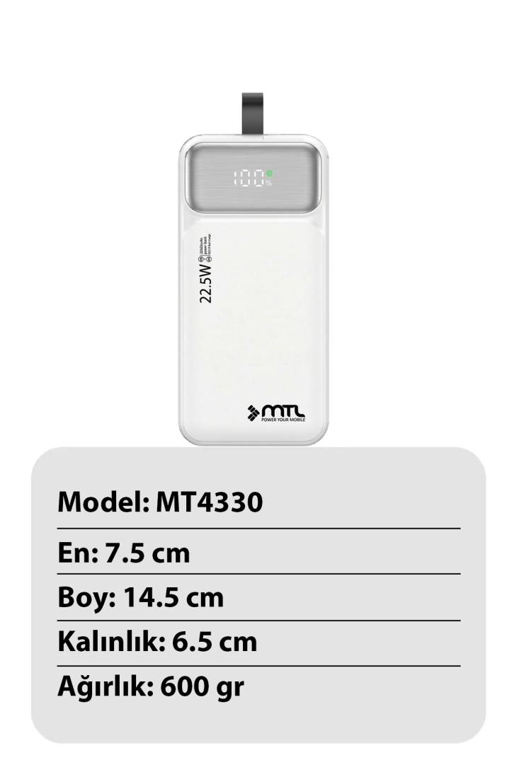 30000 mAh 22.5W Turbo Şarj Dahili Kablolu Dijital LED Göstergeli PD ve QC 3.0 Powerbank MT4331 - 10