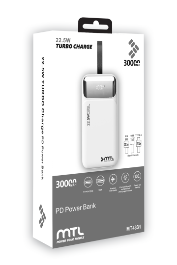 30000 mAh 22.5W Turbo Şarj Dahili Kablolu Dijital LED Göstergeli PD ve QC 3.0 Powerbank MT4331 - 14