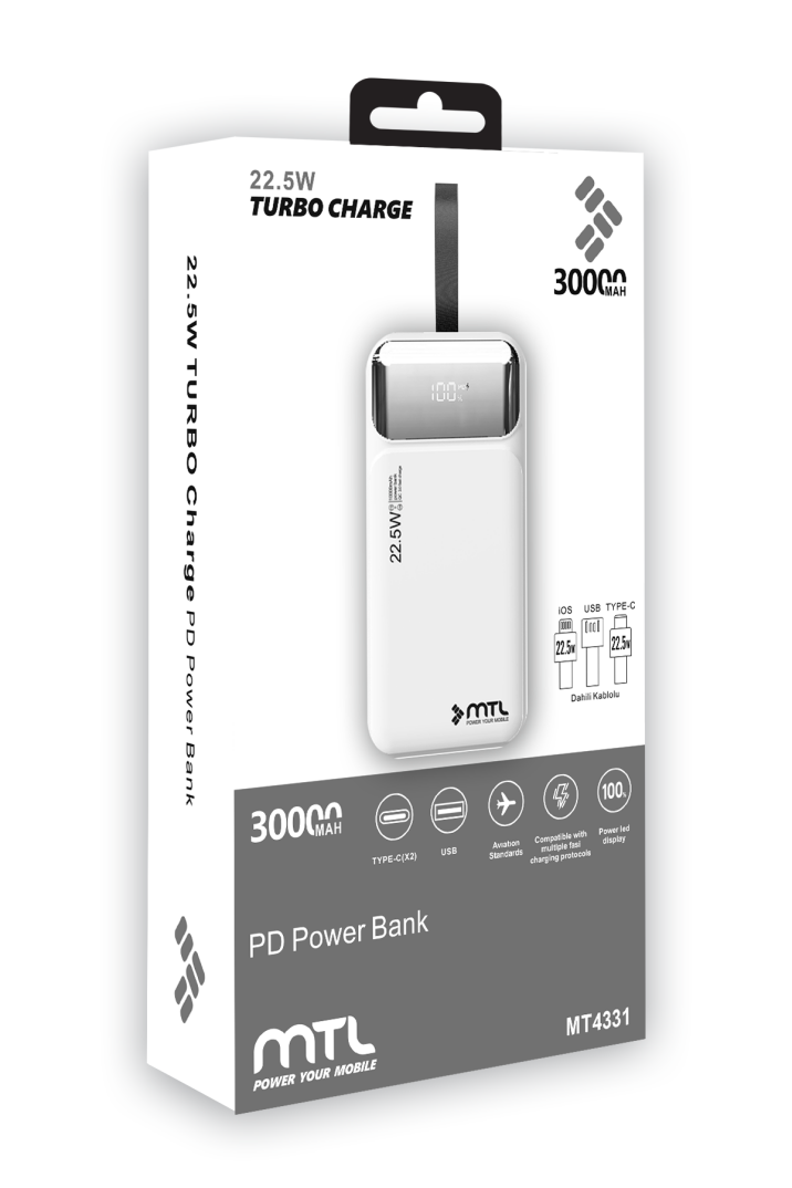 30000 mAh 22.5W Turbo Şarj Dahili Kablolu Dijital LED Göstergeli PD ve QC 3.0 Powerbank MT4331 - 14