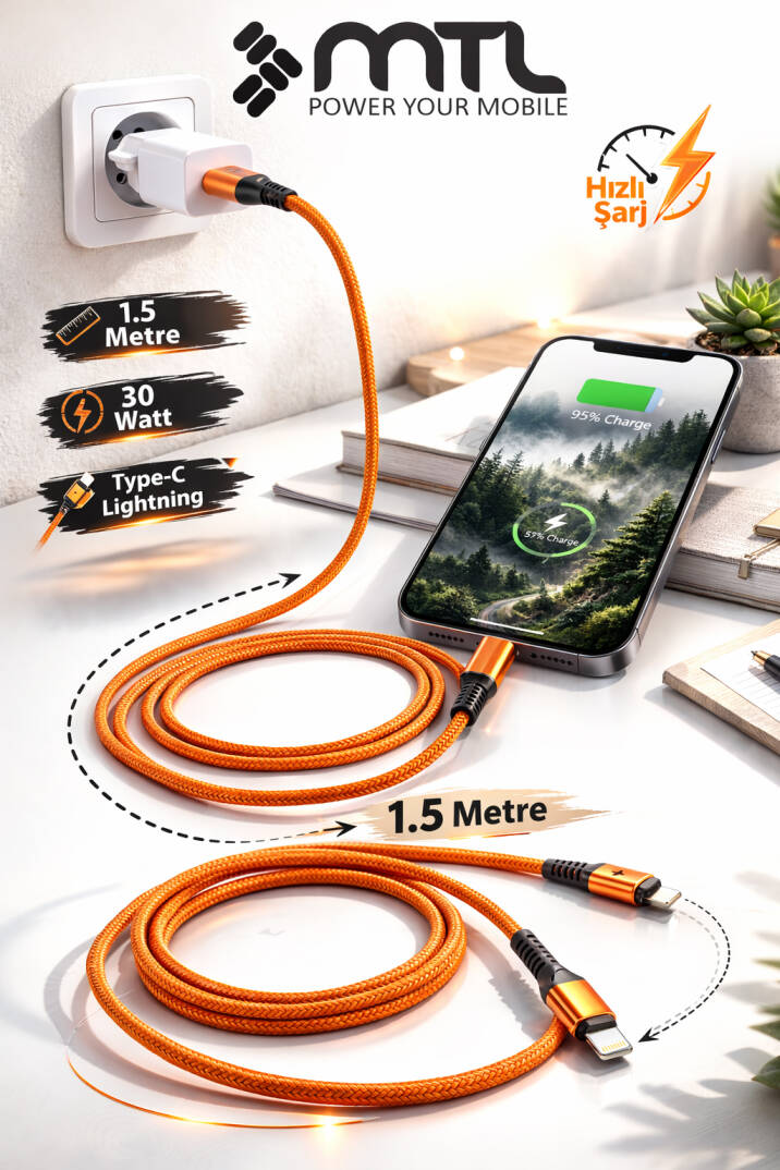 30W PD Type-C to iPhone Lightning Örgülü Hızlı Şarj ve Data Kablosu 1.5 Metre MT2124 - 11