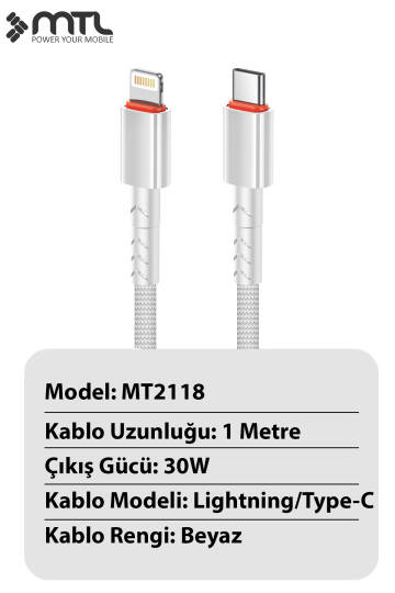 30W PD Type-C to Lightning Örgülü Hızlı Şarj ve Data Kablosu 1 Metre MT2118 - 3