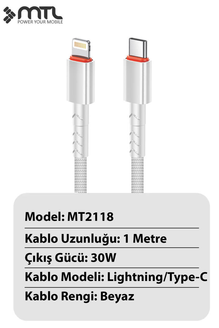30W PD Type-C to Lightning Örgülü Hızlı Şarj ve Data Kablosu 1 Metre MT2118 - 3