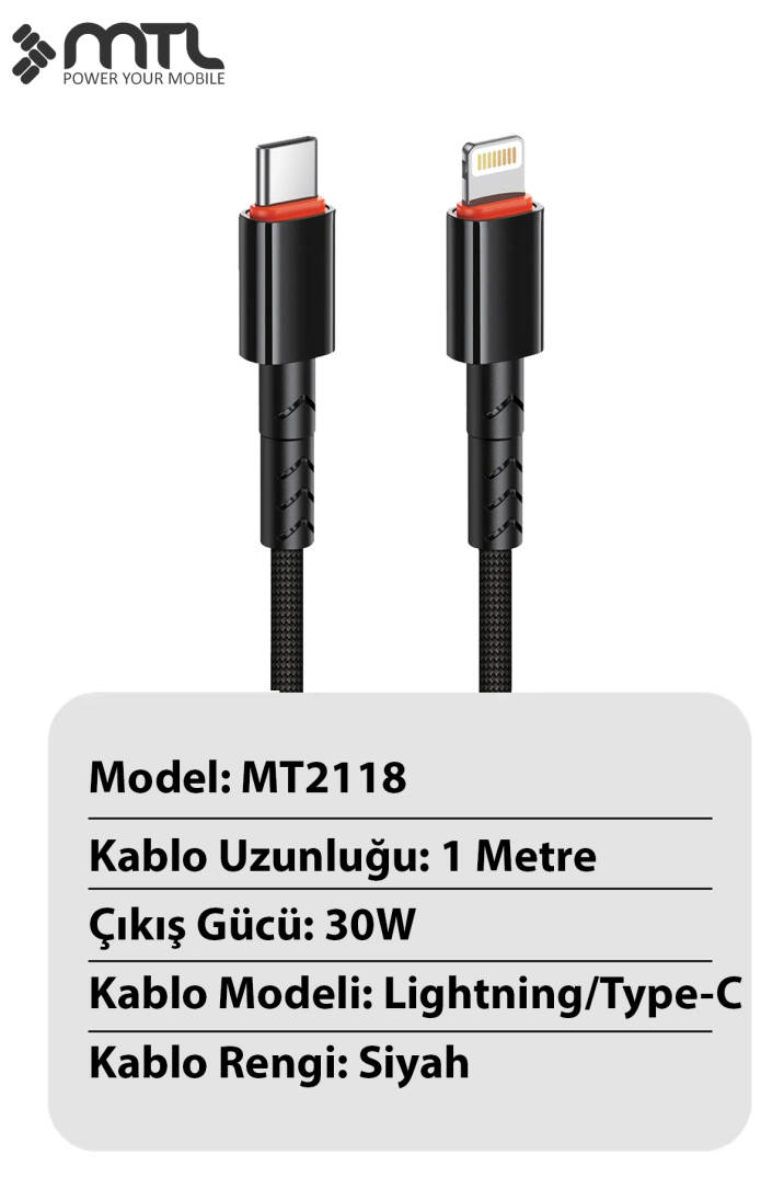 30W PD Type-C to Lightning Örgülü Hızlı Şarj ve Data Kablosu 1 Metre MT2118 - 8