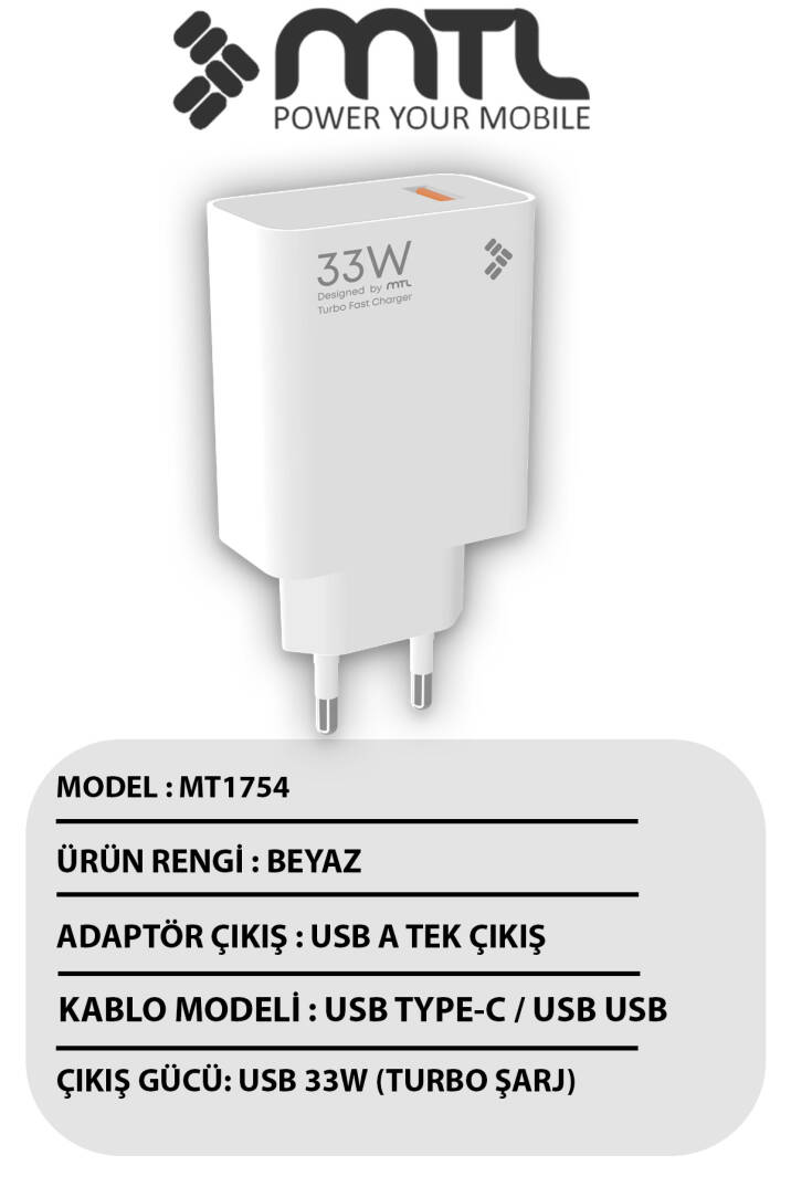 33W Turbo Şarj Saniyeli USB Çıkışlı Hızlı Şarj Adaptörü MT1754 - 3