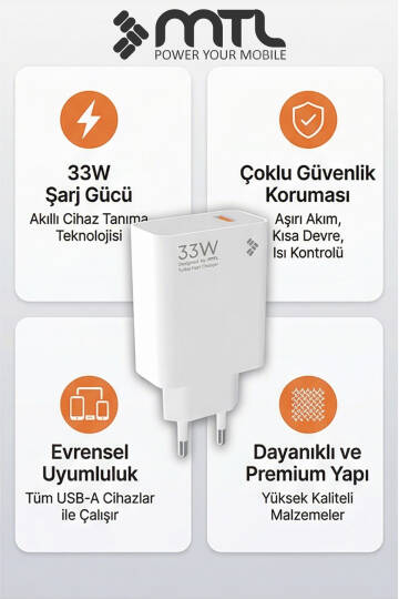 33W Turbo Şarj Saniyeli USB Çıkışlı Hızlı Şarj Adaptörü MT1754 - 4