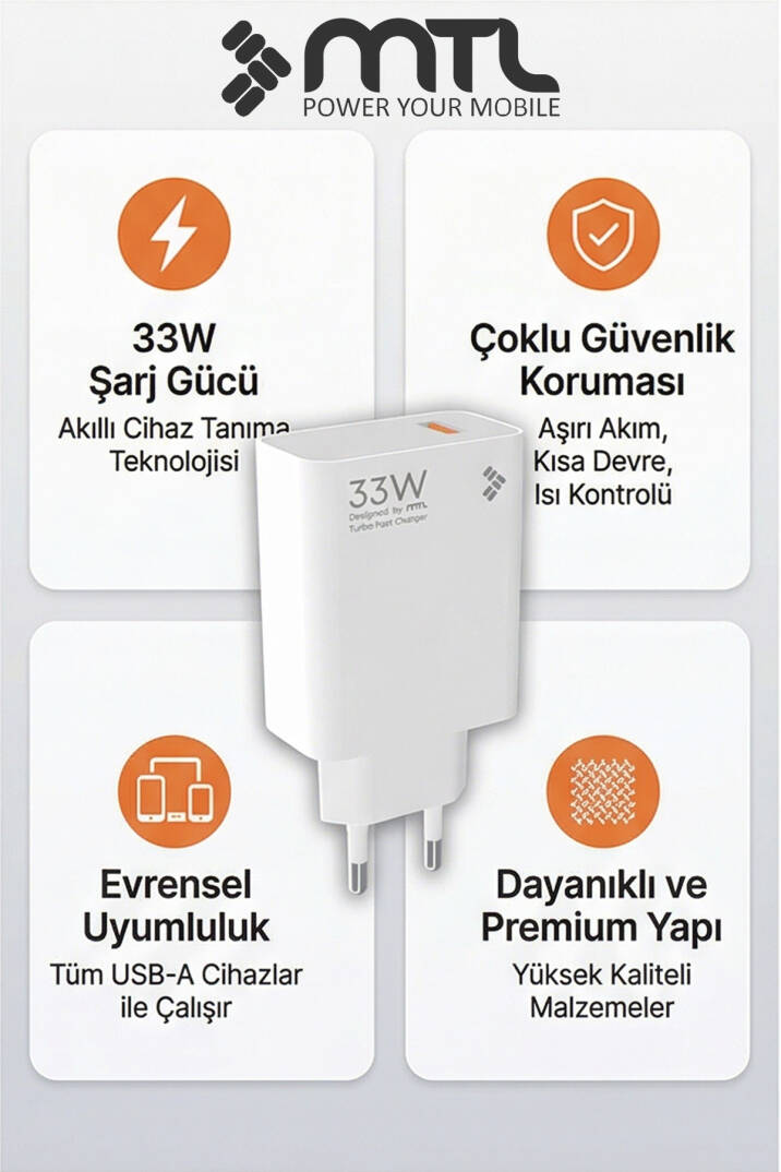 33W Turbo Şarj Saniyeli USB Çıkışlı Hızlı Şarj Adaptörü MT1754 - 4