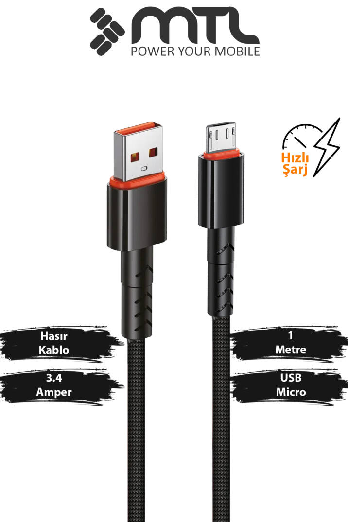 3.4A USB to Micro USB Hasır Örgülü Hızlı Şarj ve Data Kablosu 1 Metre MT2014 - 1