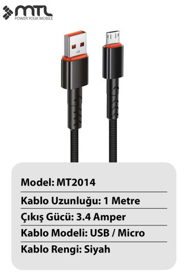 3.4A USB to Micro USB Hasır Örgülü Hızlı Şarj ve Data Kablosu 1 Metre MT2014 - 4