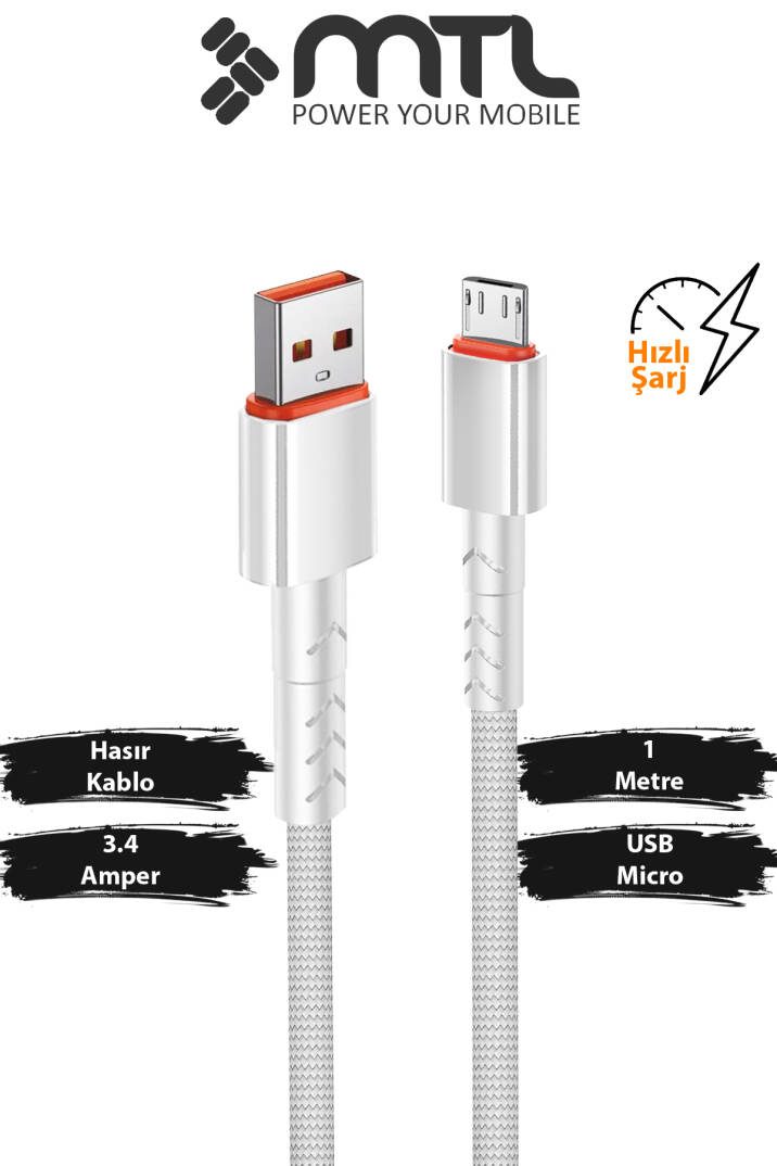 3.4A USB to Micro USB Hasır Örgülü Hızlı Şarj ve Data Kablosu 1 Metre MT2014 - 6