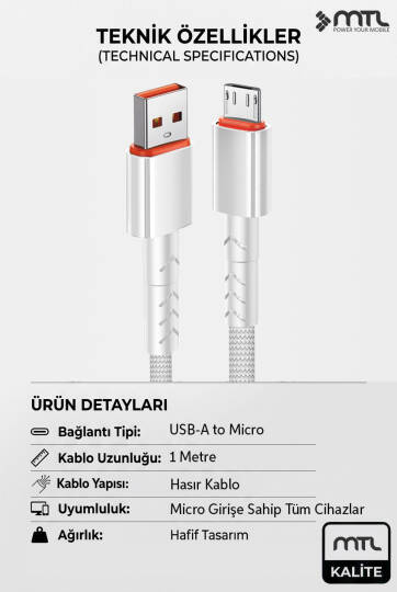 3.4A USB to Micro USB Hasır Örgülü Hızlı Şarj ve Data Kablosu 1 Metre MT2014 - 7