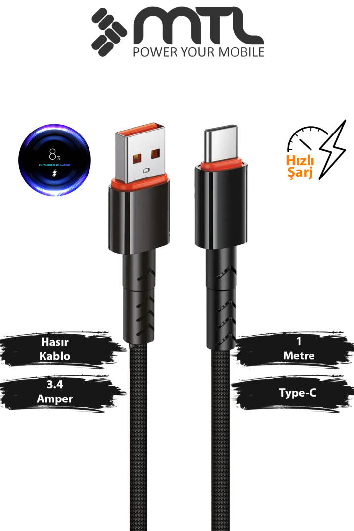 3.4A USB to Type-C Hızlı Şarj ve Data Kablosu Hasır 1 Metre MT2015 - 1