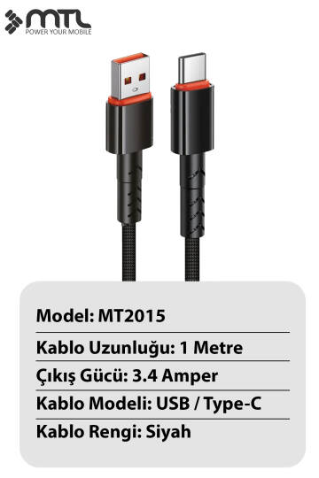 3.4A USB to Type-C Hızlı Şarj ve Data Kablosu Hasır 1 Metre MT2015 - 3