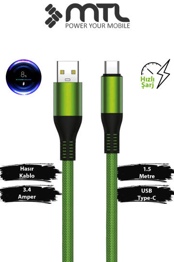 3.4A USB to Type-C Örgülü Metal Başlıklı Hızlı Şarj ve Data Kablosu 1.5 Metre MT2051