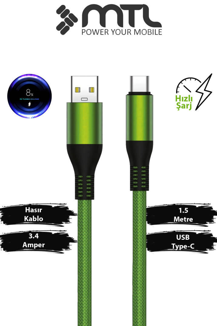 3.4A USB to Type-C Örgülü Metal Başlıklı Hızlı Şarj ve Data Kablosu 1.5 Metre MT2051 - 1