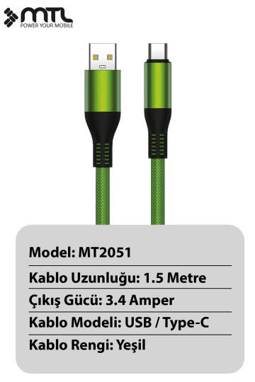 3.4A USB to Type-C Örgülü Metal Başlıklı Hızlı Şarj ve Data Kablosu 1.5 Metre MT2051 - 3