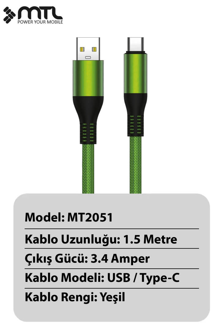 3.4A USB to Type-C Örgülü Metal Başlıklı Hızlı Şarj ve Data Kablosu 1.5 Metre MT2051 - 3
