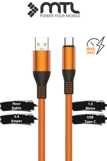 3.4A USB to Type-C Örgülü Metal Başlıklı Hızlı Şarj ve Data Kablosu 1.5 Metre MT2051 - 6