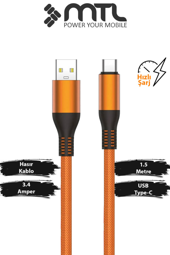 3.4A USB to Type-C Örgülü Metal Başlıklı Hızlı Şarj ve Data Kablosu 1.5 Metre MT2051 - 6