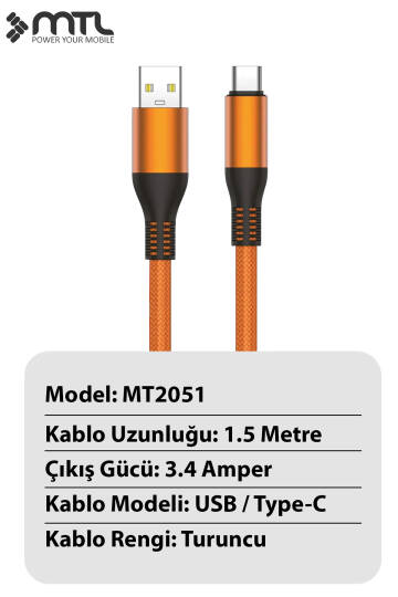 3.4A USB to Type-C Örgülü Metal Başlıklı Hızlı Şarj ve Data Kablosu 1.5 Metre MT2051 - 8