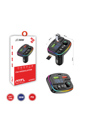 38W PD ve QC Destekli Type-C Çıkışlı Bluetooth FM Modülatör, RGB Işıklı Hızlı Araç Şarj Cihazı