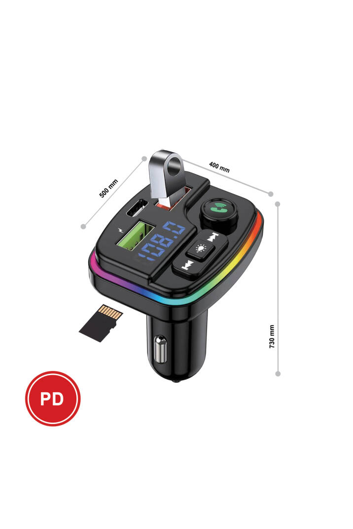 38W PD ve QC Destekli Type-C Çıkışlı Bluetooth FM Modülatör, RGB Işıklı Hızlı Araç Şarj Cihazı - 2