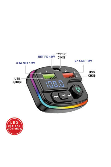 38W PD ve QC Destekli Type-C Çıkışlı Bluetooth FM Modülatör, RGB Işıklı Hızlı Araç Şarj Cihazı - 3