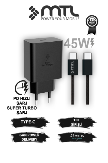 45W Süper Hızlı 2.0 Type-C Adaptör + Type-C to Type-C Kablo Süper Fast Şarj Seti MT 1745