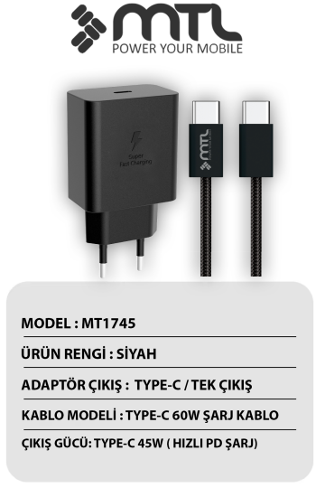 45W Süper Hızlı 2.0 Type-C Adaptör + Type-C to Type-C Kablo Süper Fast Şarj Seti MT 1745 - 4