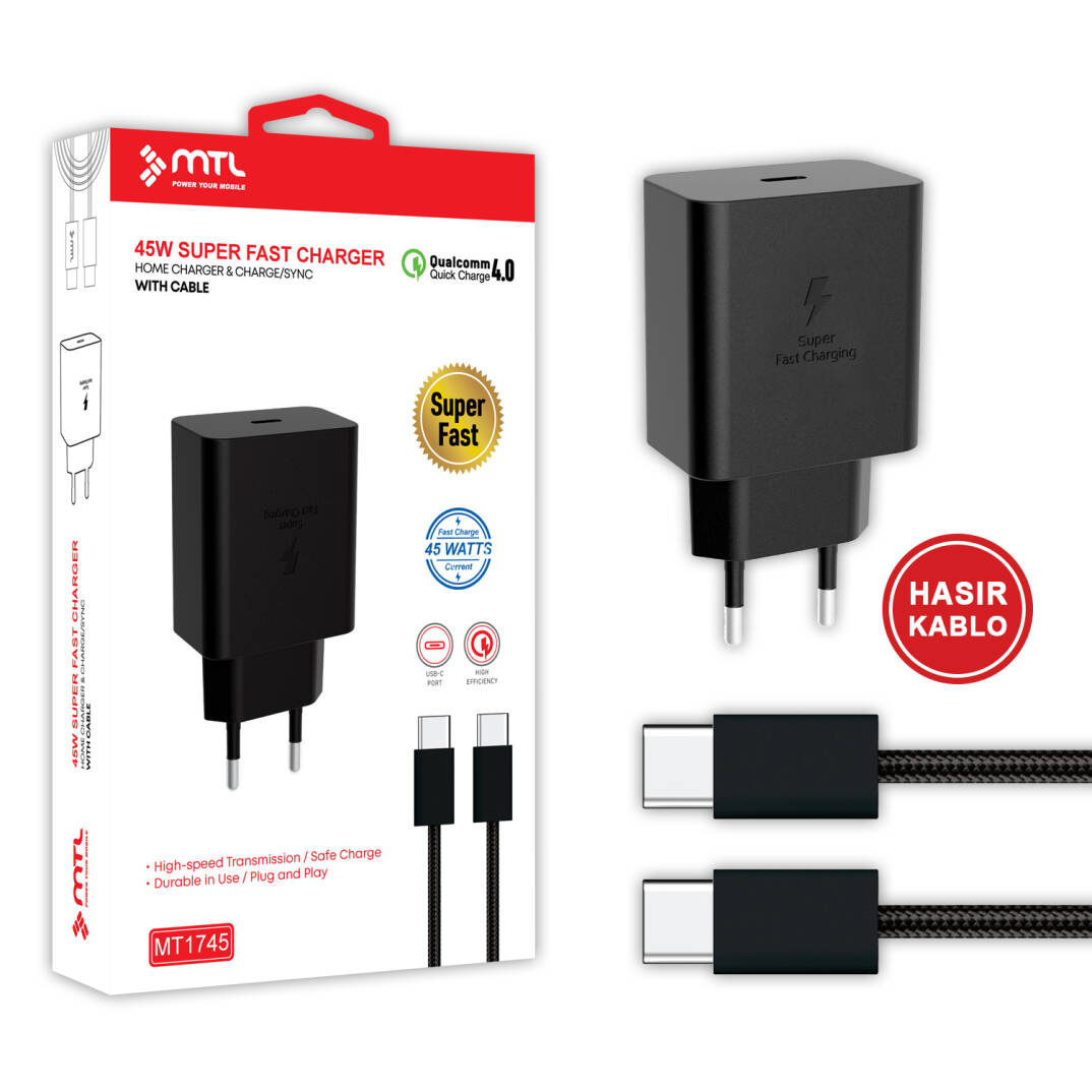 45W Süper Hızlı 2.0 Type-C Adaptör + Type-C to Type-C Kablo Süper Fast Şarj Seti MT 1745 - 2