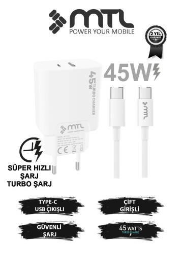 45W Turbo Çift Çıkış Type-C+Usb Adaptör+Type-C Type-C Kablo Süper Fast Şarj Seti MT1752