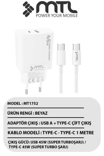 45W Turbo Çift Çıkış Type-C+Usb Adaptör+Type-C Type-C Kablo Süper Fast Şarj Seti MT1752 - 4