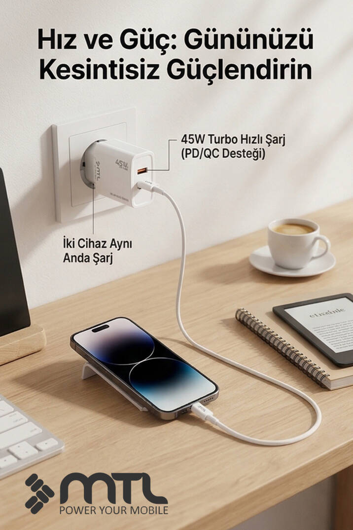 45W Turbo Çift Çıkış Type-C+Usb Adaptör+Type-C Type-C Kablo Süper Fast Şarj Seti MT1752 - 5
