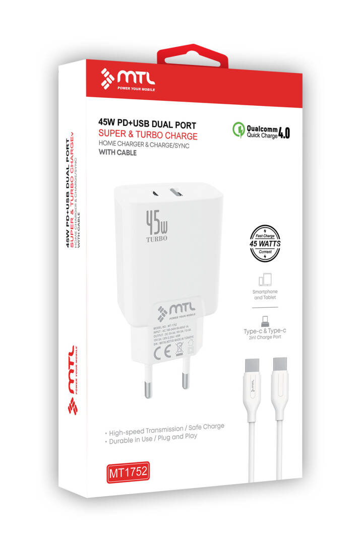45W Turbo Çift Çıkış Type-C+Usb Adaptör+Type-C Type-C Kablo Süper Fast Şarj Seti MT1752 - 7