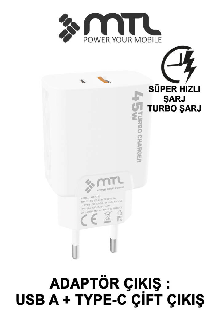 45W Turbo Şarj Çift Çıkış Type-C + USB Adaptör Süper Fast Şarj Başlığı MT1755 - 2