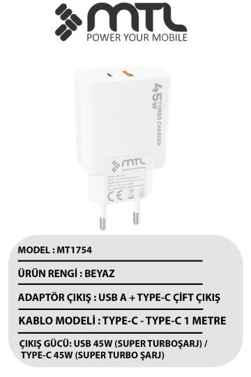 45W Turbo Şarj Çift Çıkış Type-C + USB Adaptör Süper Fast Şarj Başlığı MT1755 - 3