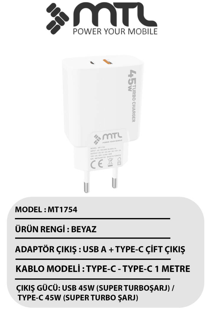 45W Turbo Şarj Çift Çıkış Type-C + USB Adaptör Süper Fast Şarj Başlığı MT1755 - 3