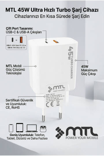 45W Turbo Şarj Çift Çıkış Type-C + USB Adaptör Süper Fast Şarj Başlığı MT1755 - 4