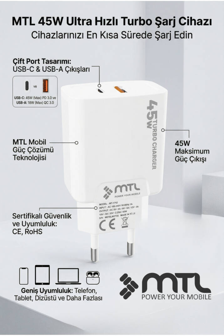 45W Turbo Şarj Çift Çıkış Type-C + USB Adaptör Süper Fast Şarj Başlığı MT1755 - 4