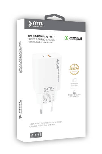 45W Turbo Şarj Çift Çıkış Type-C + USB Adaptör Süper Fast Şarj Başlığı MT1755 - 6