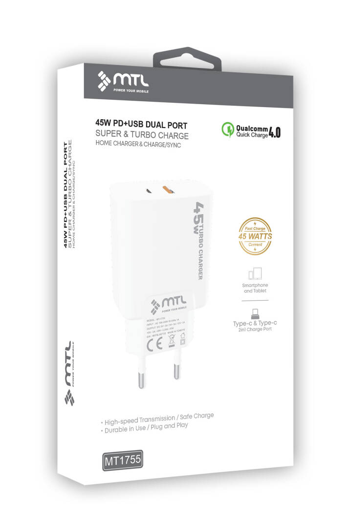 45W Turbo Şarj Çift Çıkış Type-C + USB Adaptör Süper Fast Şarj Başlığı MT1755 - 6