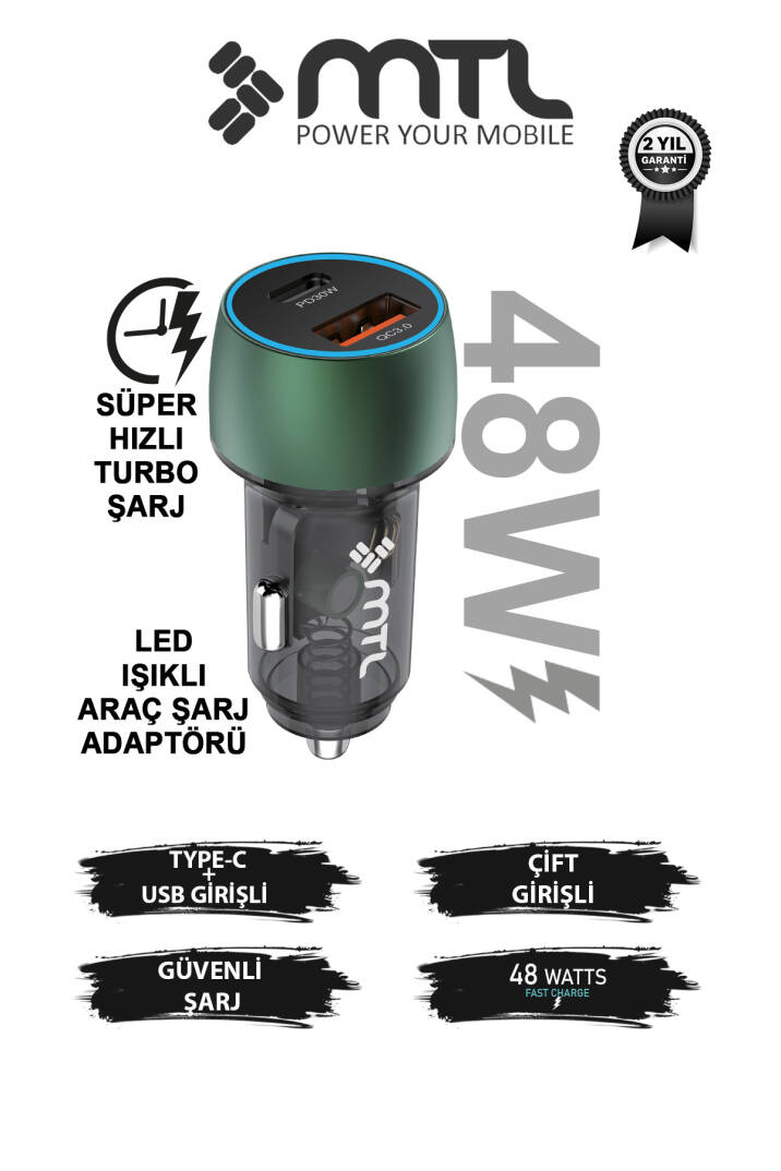 48W Hızlı Şarj Destekli Çift Portlu Type-C + USB Akım Korumalı Led Işıklı Araç Şarj Cihazı MT 1832 - 7