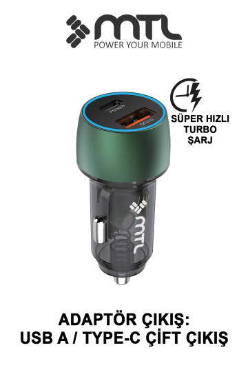 48W Hızlı Şarj Destekli Çift Portlu Type-C + USB Akım Korumalı Led Işıklı Araç Şarj Cihazı MT 1832 - 8