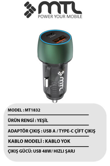 48W Hızlı Şarj Destekli Çift Portlu Type-C + USB Akım Korumalı Led Işıklı Araç Şarj Cihazı MT 1832 - 9