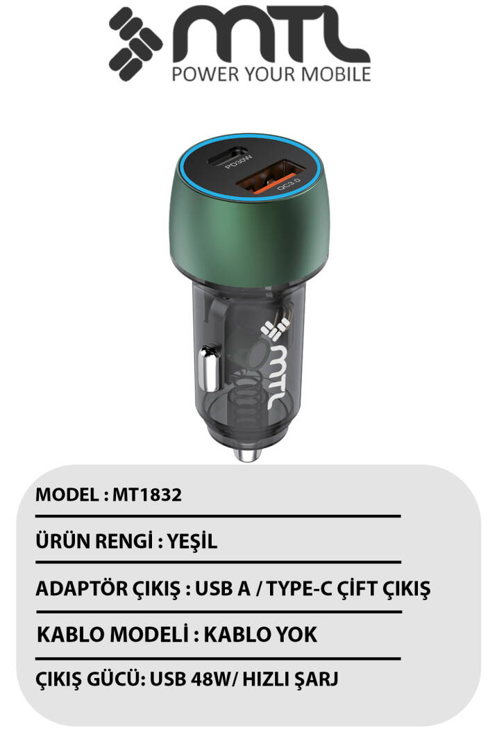 48W Hızlı Şarj Destekli Çift Portlu Type-C + USB Akım Korumalı Led Işıklı Araç Şarj Cihazı MT 1832 - 9