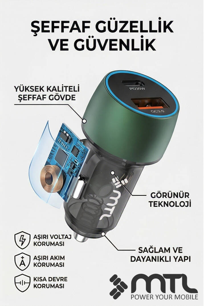 48W Hızlı Şarj Destekli Çift Portlu Type-C + USB Akım Korumalı Led Işıklı Araç Şarj Cihazı MT 1832 - 10