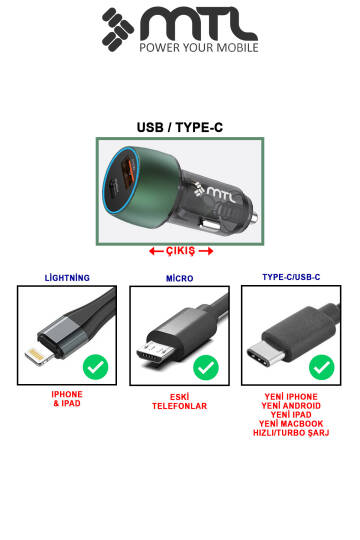 48W Hızlı Şarj Destekli Çift Portlu Type-C + USB Akım Korumalı Led Işıklı Araç Şarj Cihazı MT 1832 - 11